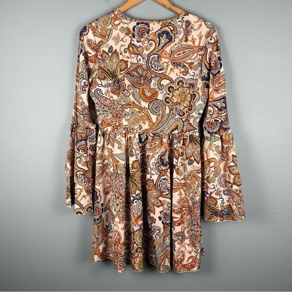 Paisley Orange and Blue Bell Sleeve Retro 70's Boho Mini Dress Women's Size M - Picture 2 of 8